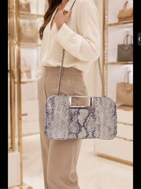 ::Michael Kors Snake-Print Chain Crossbody in Gray and Cream